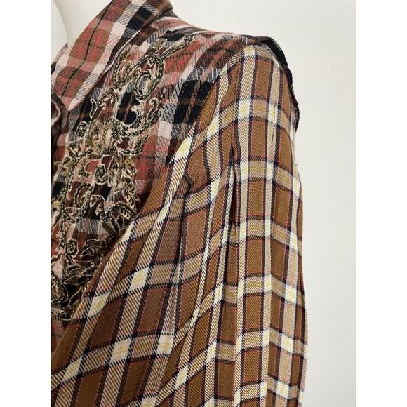 Free People Button Down Shirt Plaid Embroidered Sequin FLAW - Picture 6 of 13